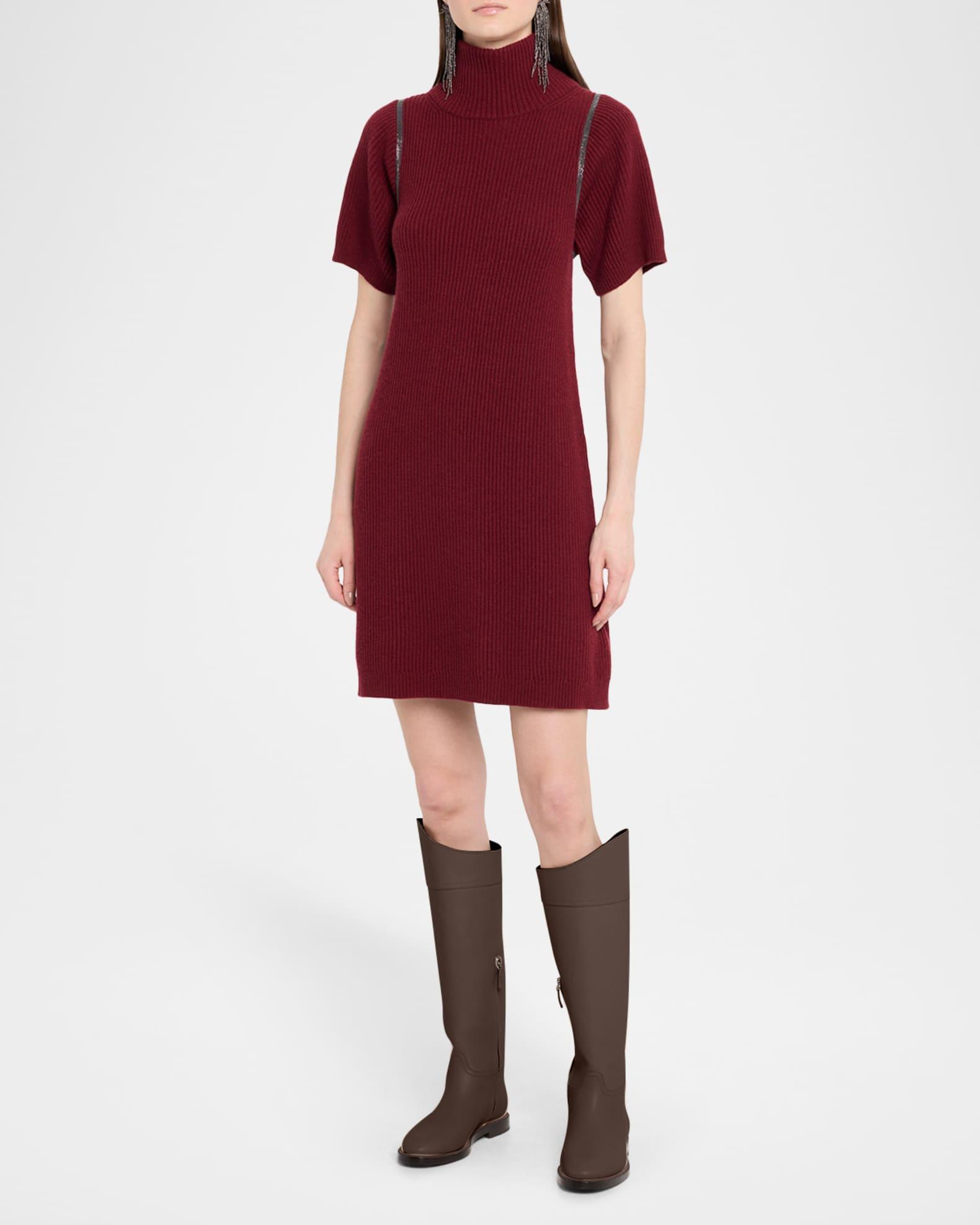 Mock-Neck Monili Short-Sleeve Cashmere Rib Mini Dress Product Image