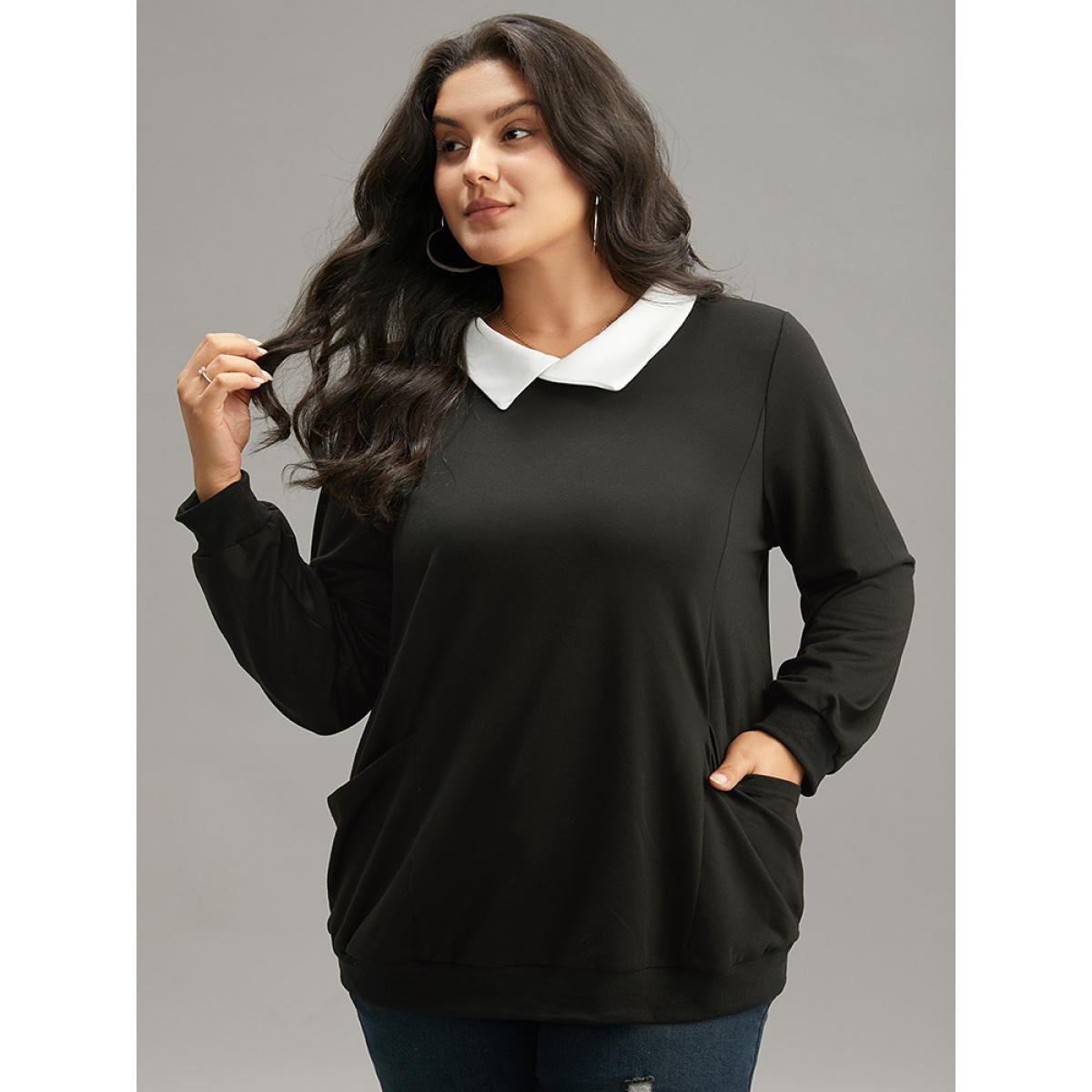 Plus Size Halloween Contrast Shirt Collar Patched Pocket Sweatshirt Women Black Casual Contrast Shirt collar Festival-Halloween Sweatshirts BloomChic 12/L Product Image