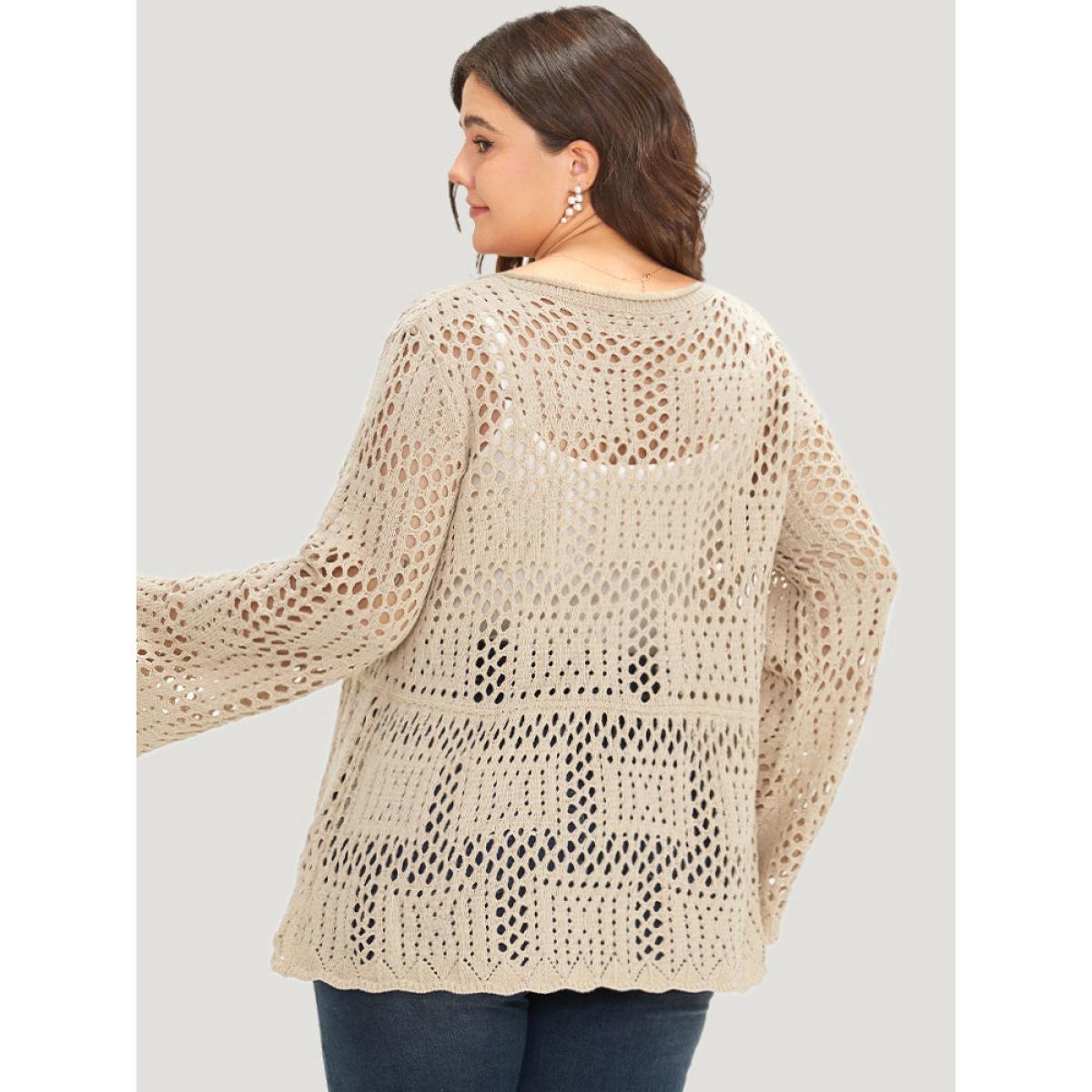Plus Size Plain Hollow Out Button Through Bell Sleeve Cardigan Beige Women Casual Loose Long Sleeve Everyday Cardigans BloomChic 22-24/3X Product Image