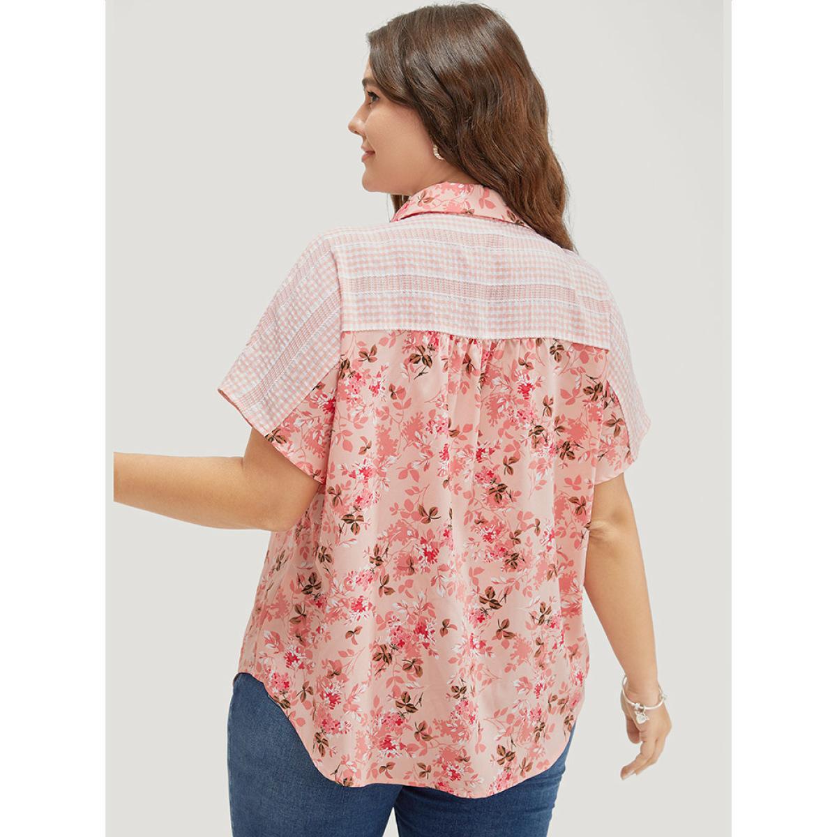 Plus Size MistyRose Floral Patchwork Pocket Button Up Arc Hem Blouse Women Elegant Short sleeve Shirt collar Dailywear Blouses BloomChic 12/L Product Image