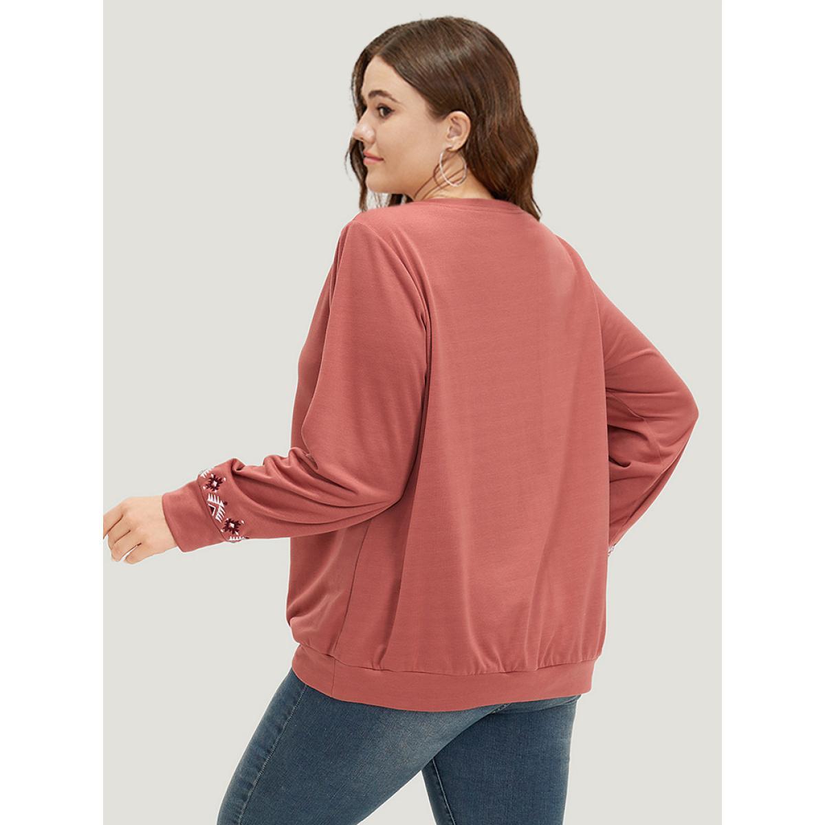 Plus Size Floral Embroidered Long Sleeve Crew Neck Sweatshirt Women DustyPink Elegant Elastic cuffs Round Neck Dailywear Sweatshirts BloomChic 14-16/1X Product Image