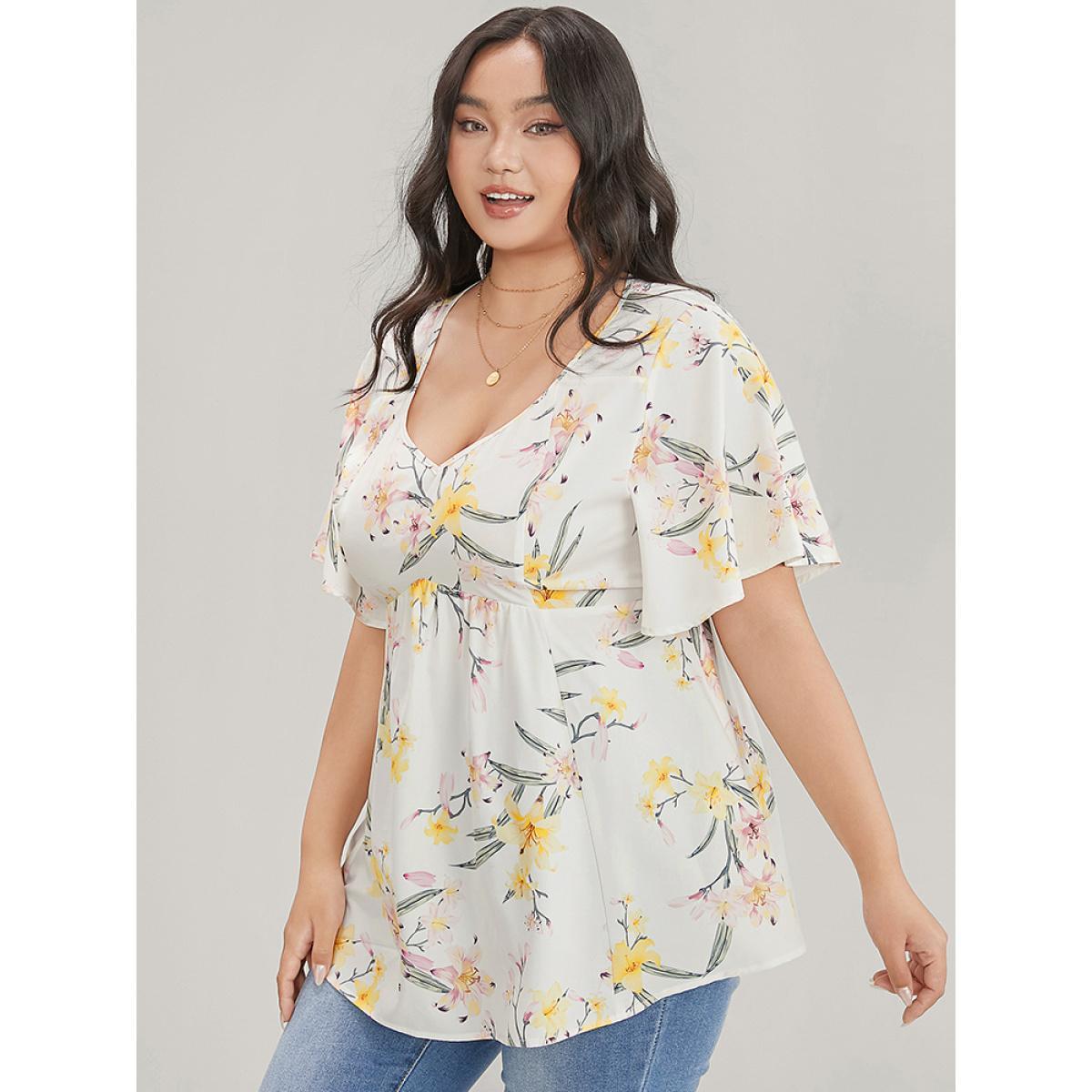 Plus Size Ivory Floral Print V Neck Ruffle Sleeve Blouse Women Elegant Short sleeve V-neck Dailywear Blouses BloomChic 30/6X Product Image