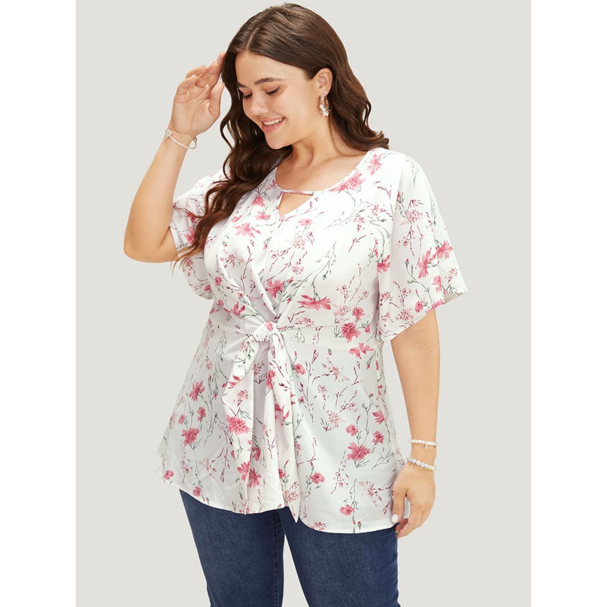 Plus Size Ivory Floral Ruffle Knyhole Raglan Sleeve Knotted Front Blouse Women Elegant Short sleeve Round Neck Dailywear Blouses BloomChic 18-20/2X Product Image
