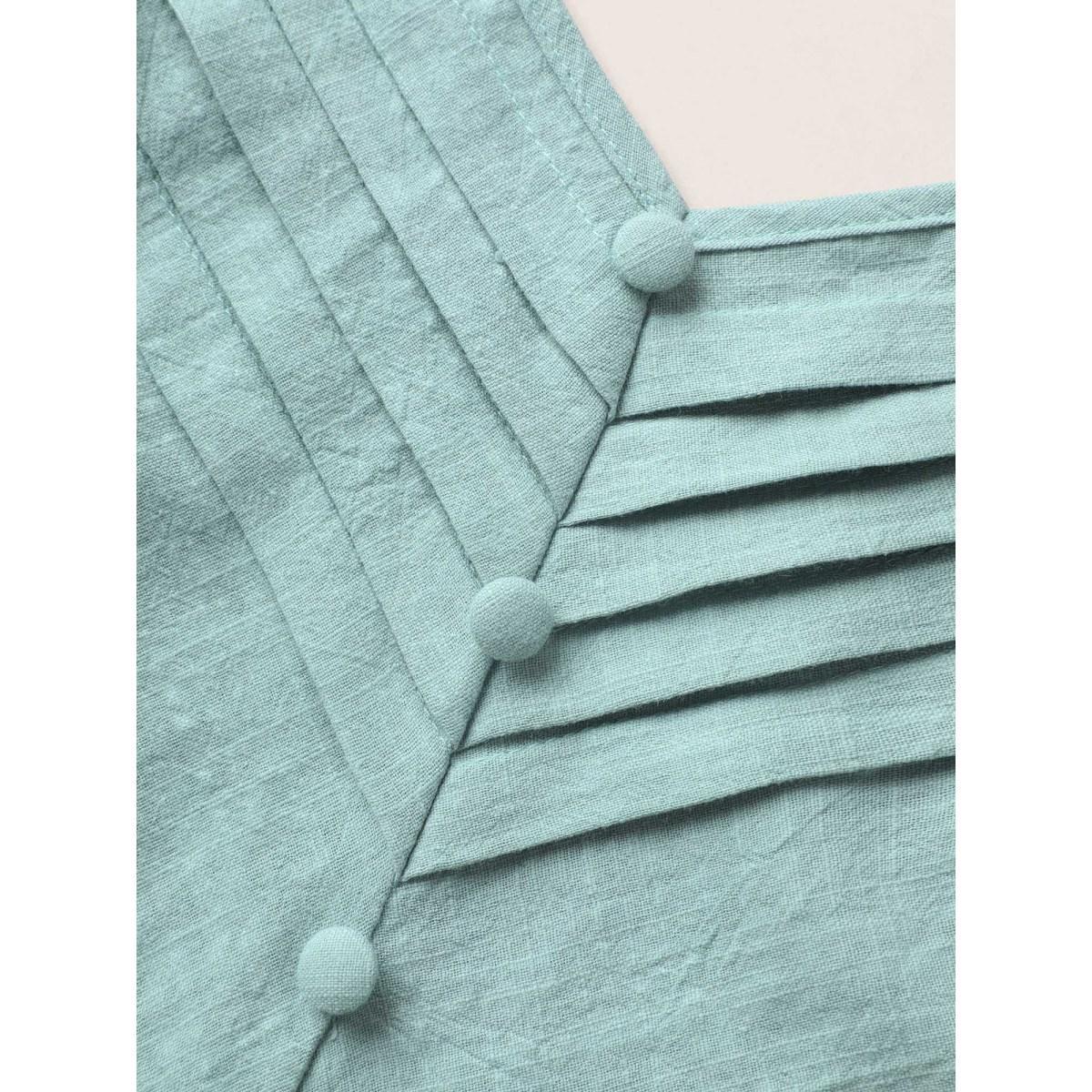 Plus Size Cotton Solid Pleated Button Detail Belted Dress Mint Women Casual Belted V-neck Sleeveless Curvy BloomChic 26/4X Product Image