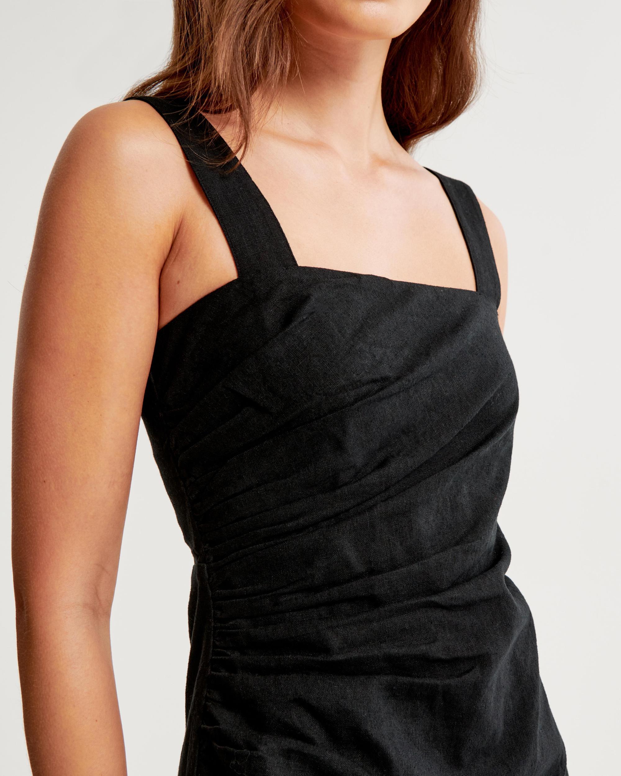 Linen-Blend Ruched Squareneck Mini Dress Product Image