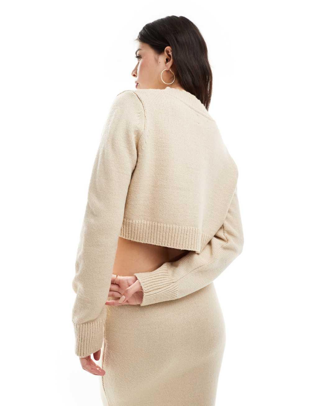 ASOS DESIGN v neck cropped sweater in stone -set Product Image