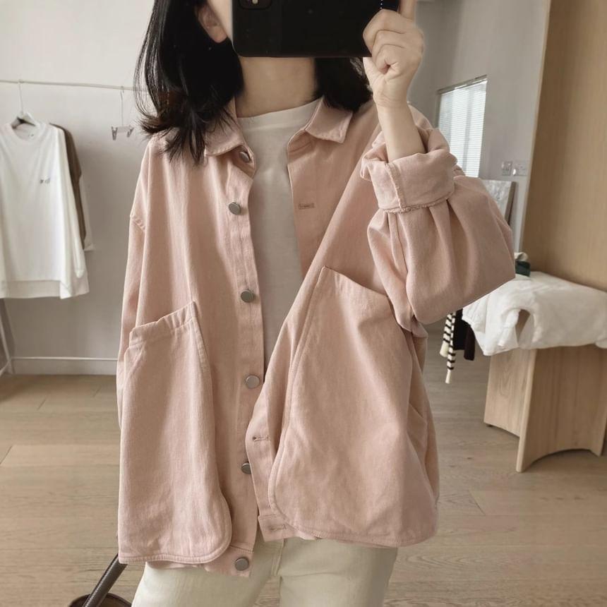 Long Sleeve Collared Plain Cargo Shirt Product Image