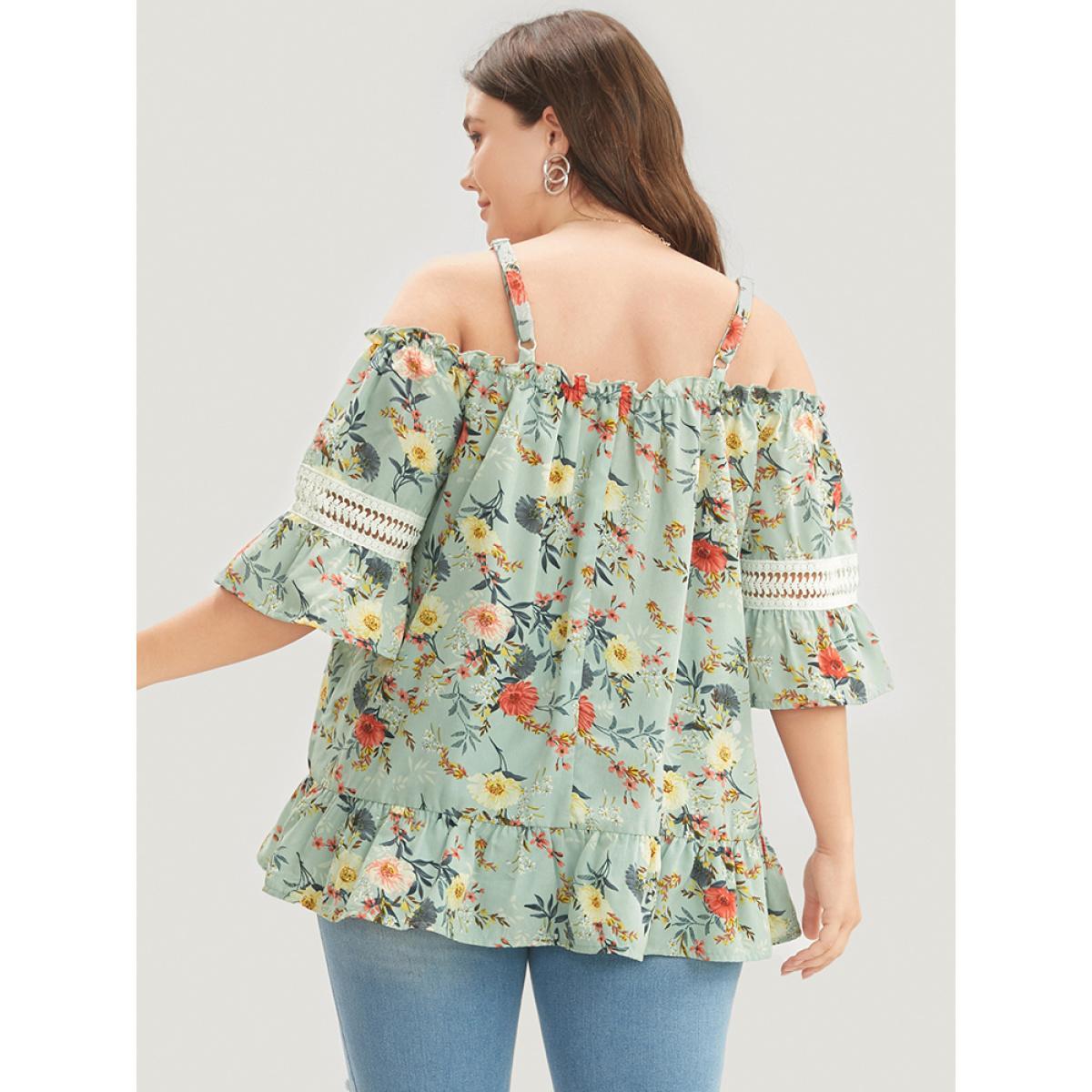 Plus Size Mint Floral Print Lace Insert Ruffles Cold Shoulder Blouse Women Elegant Short sleeve Cold Shoulder Dailywear Blouses BloomChic 28/5X Product Image