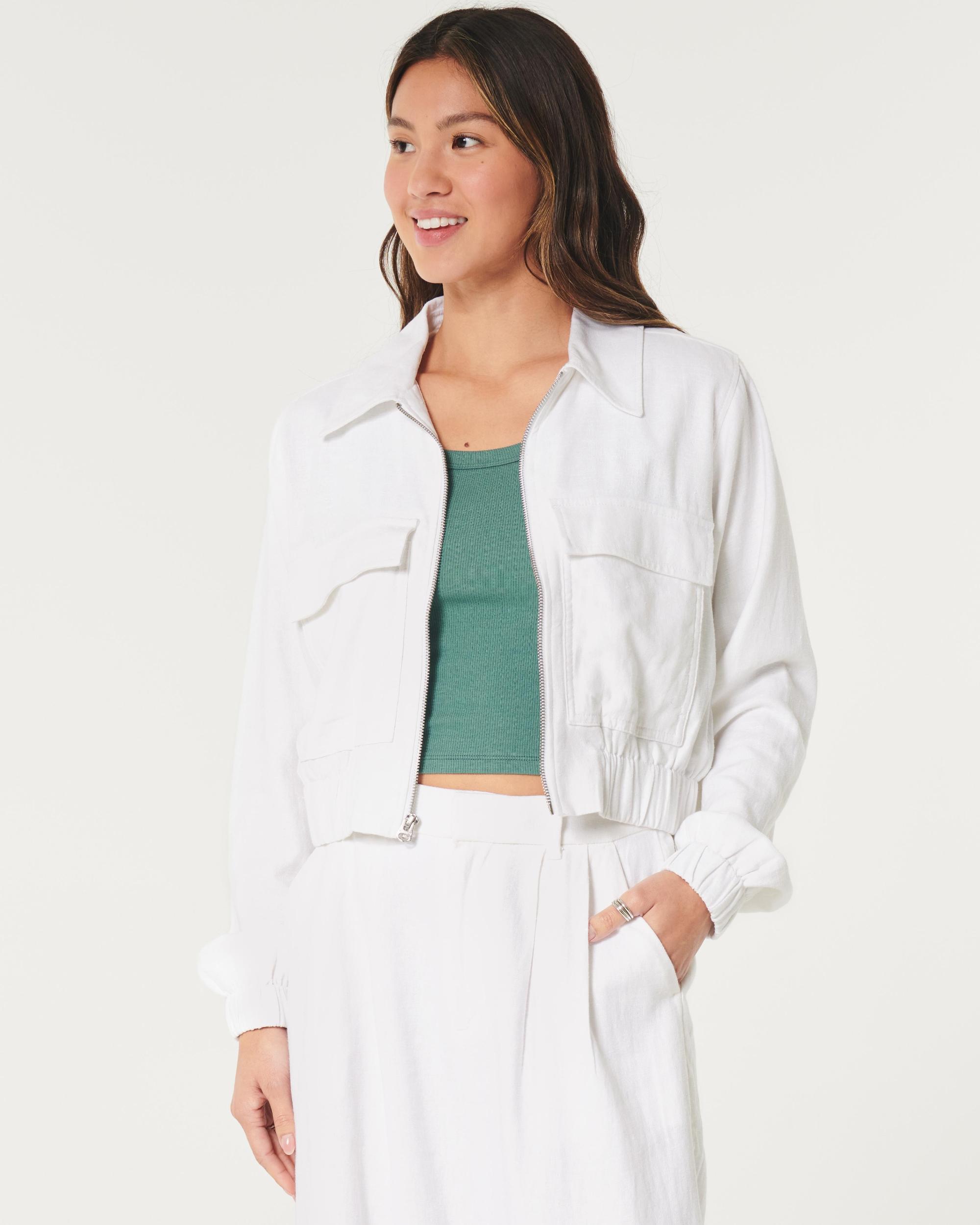 Crop Linen-Blend Bomber Jacket Product Image