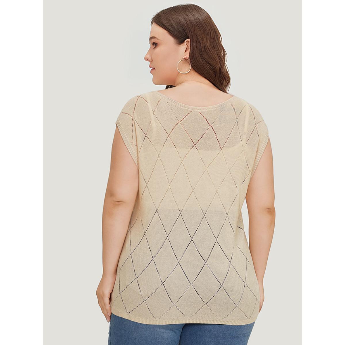 Plus Size Lightweight Argyle Eyelet Batwing Sleeve Pullover Apricot Women Casual Short sleeve Round Neck Everyday Pullovers BloomChic 10/M Product Image
