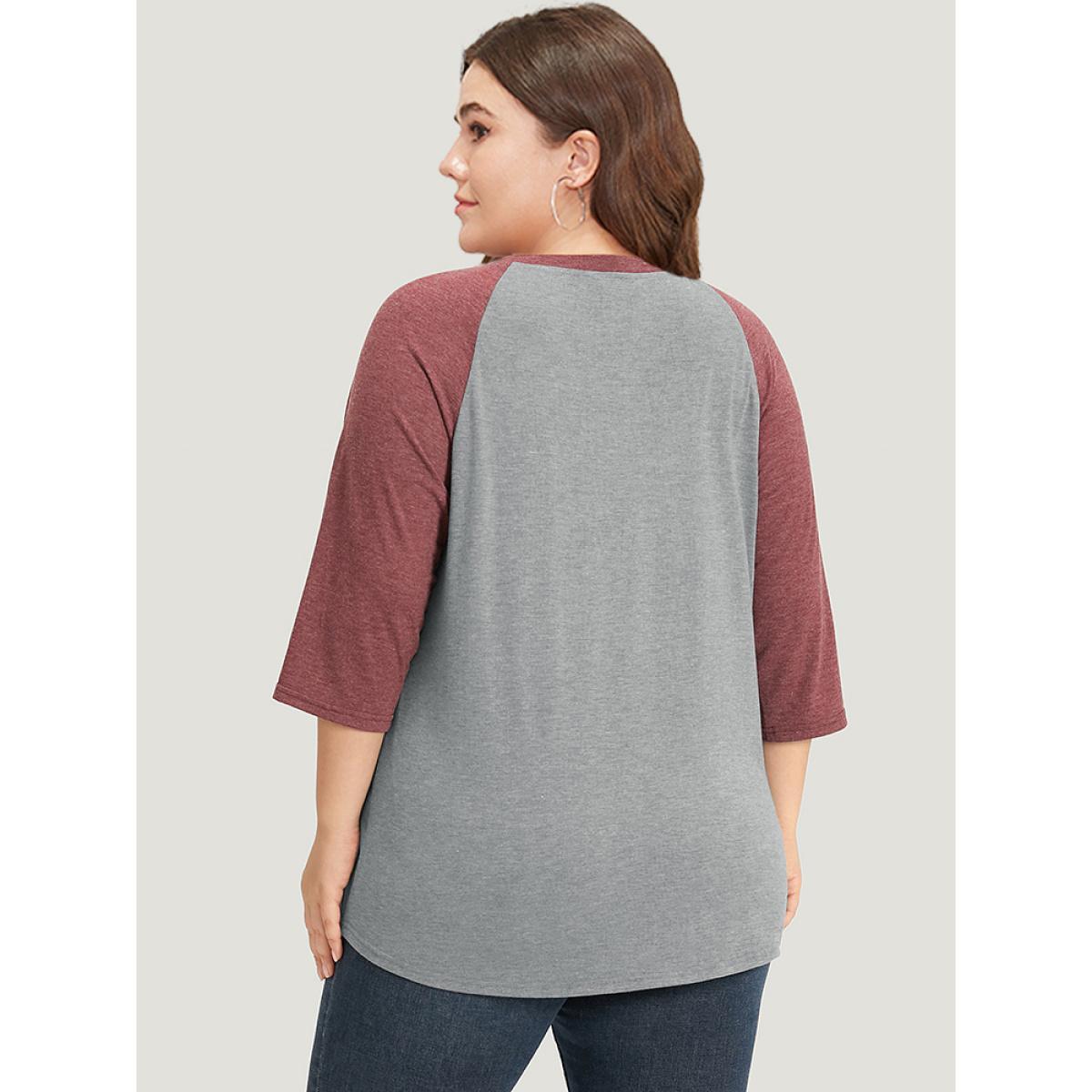 Plus Size Two Tone Button Up Raglan Sleeve T-shirt Gray Women Casual Contrast Plain Round Neck Dailywear T-shirts BloomChic 14-16/1X Product Image