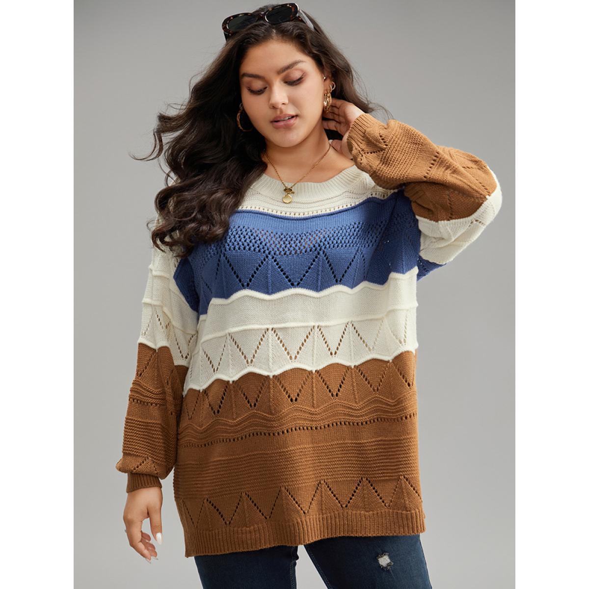 Plus Size Contrast Eyelet Patchwork Elastic Cuffs Pullover Multicolor Women Casual Loose Long Sleeve Round Neck Dailywear Pullovers BloomChic 18-20/2X Product Image