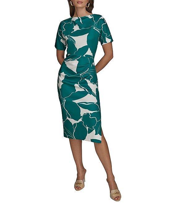 Donna Karan Scuba Boatneck Short Sleeve Midi Sheath Dress Product Image