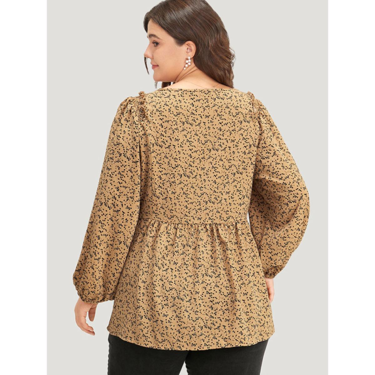 Plus Size LightBrown Ditsy Floral Shirred V Neck Frill Trim Blouse Women Elegant Long Sleeve V-neck Dailywear Blouses BloomChic 28/5X Product Image