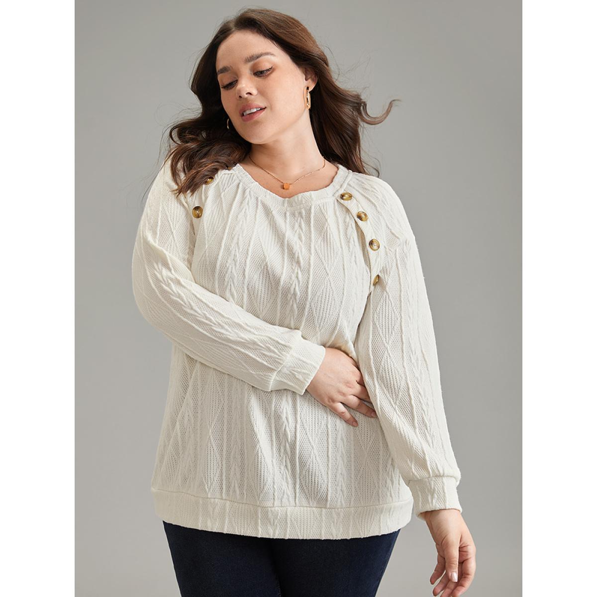 Plus Size Plain Texture Button Detail Knit Sweatshirt Women White Elegant Texture Round Neck Dailywear Sweatshirts BloomChic 22-24/3X Product Image