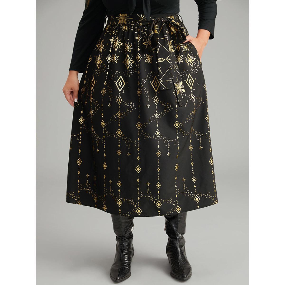 Plus Size Halloween Glitter Geometric Belted Pocket Skirt Women Black Elegant A-line No stretch Pocket Belt Festival-Halloween Skirts BloomChic 18-20/2X Product Image