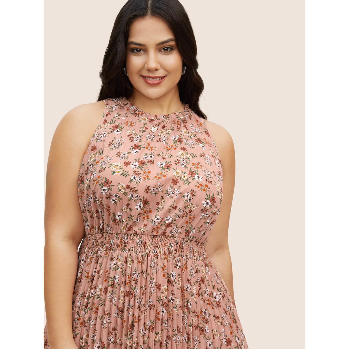Plus Size Ditsy Floral Pleated Frill Trim Sleeveless Dress Crepe Women Elegant Frill Trim Mock Neck Sleeveless Curvy BloomChic 28/5X Product Image