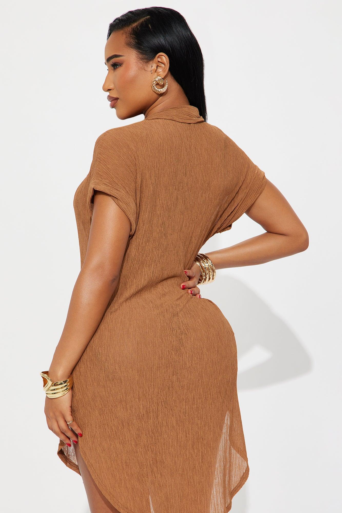 Summer Breeze Button Up Plisse Cover Up Shirt Dress- Mocha Product Image