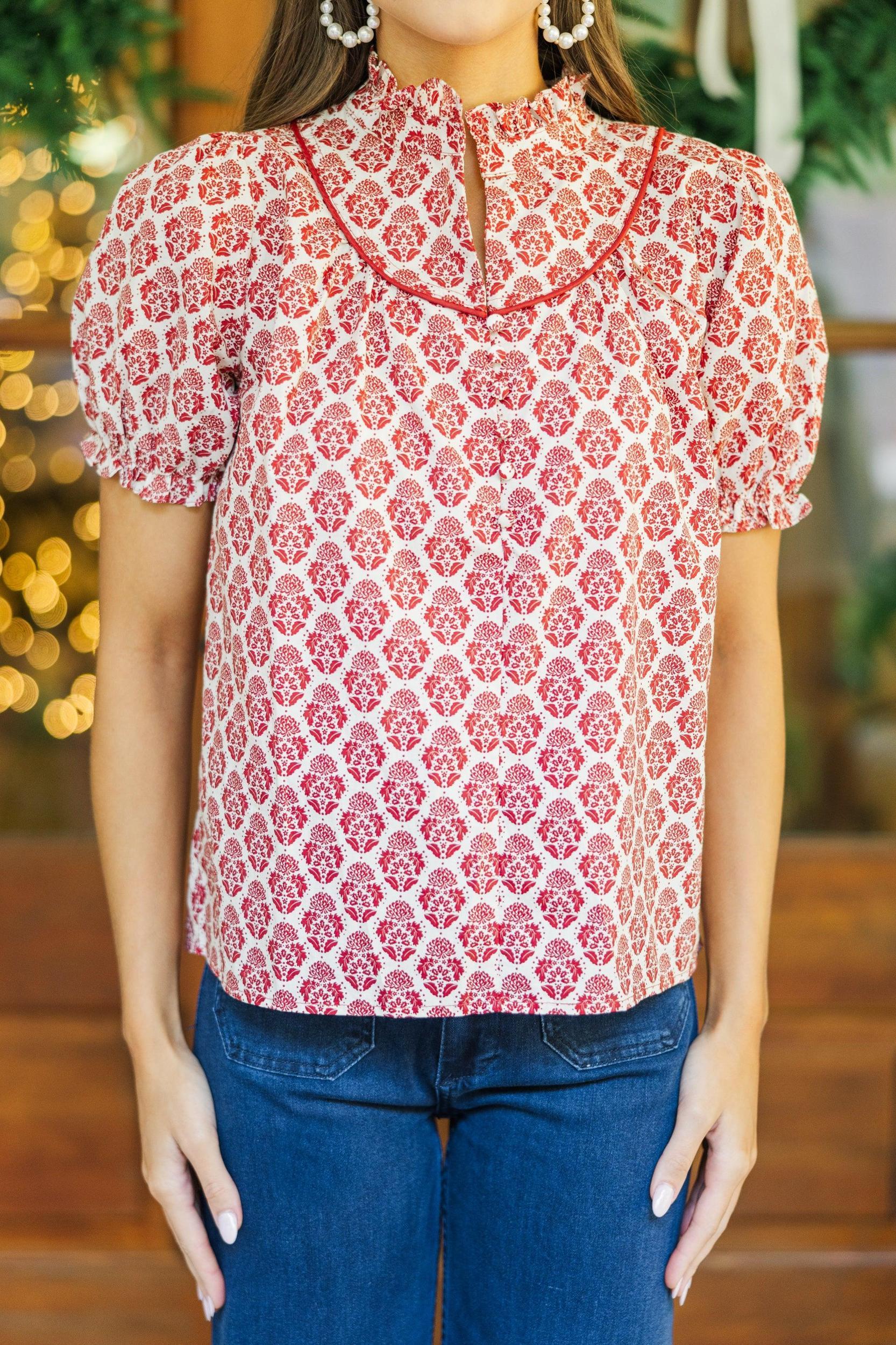 Keep It Up Burgundy Red Medallion Ruffled Blouse Female Product Image