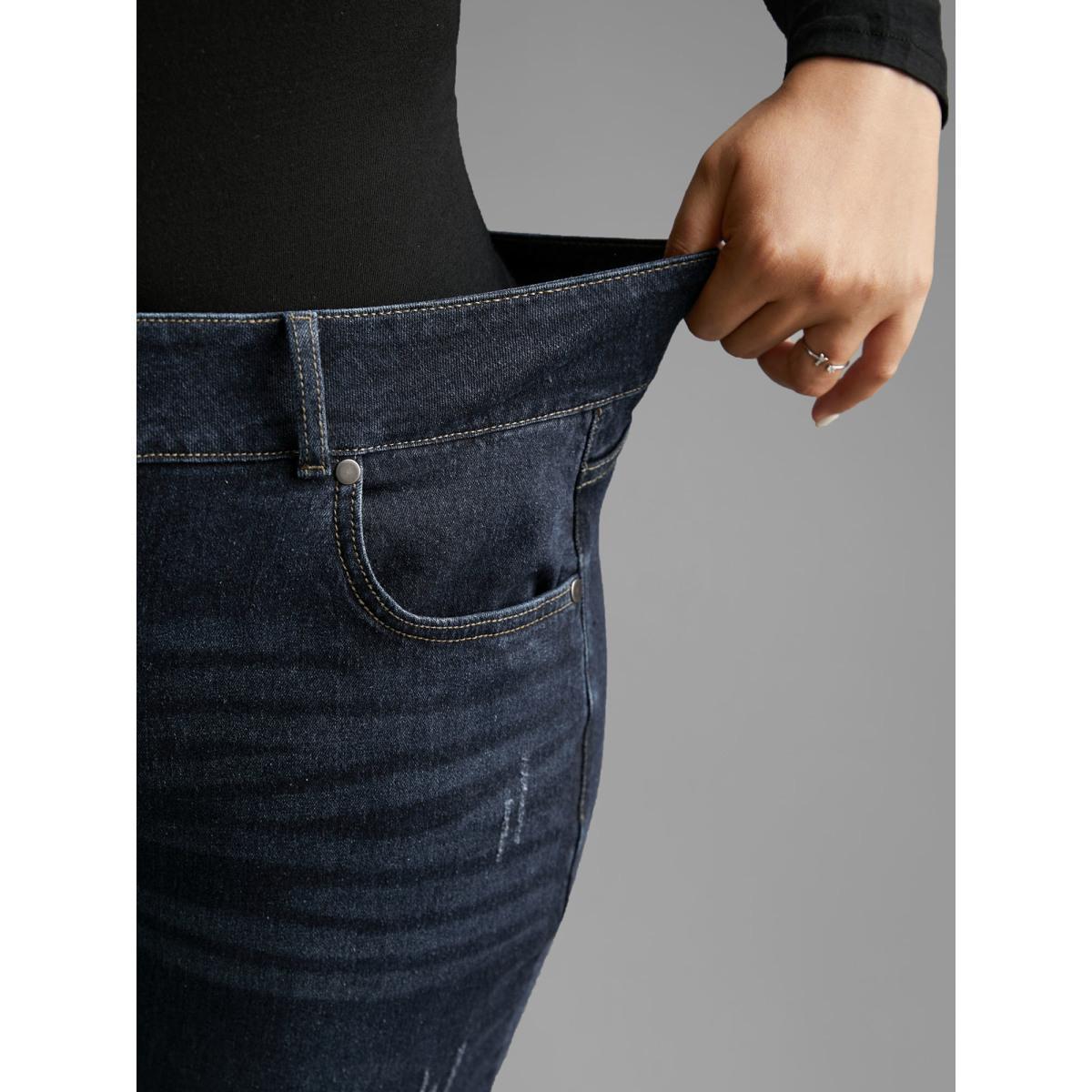 Plus Size Dark Wash Button Up Skinny Jeans Women Darkindigo Casual Button Medium stretch Slanted pocket Jeans BloomChic 28/5X Product Image