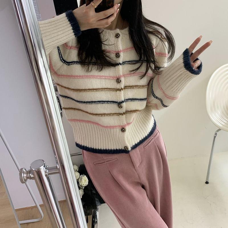 Long Sleeve Color-Block Striped Loose-Fit Cardigan Product Image