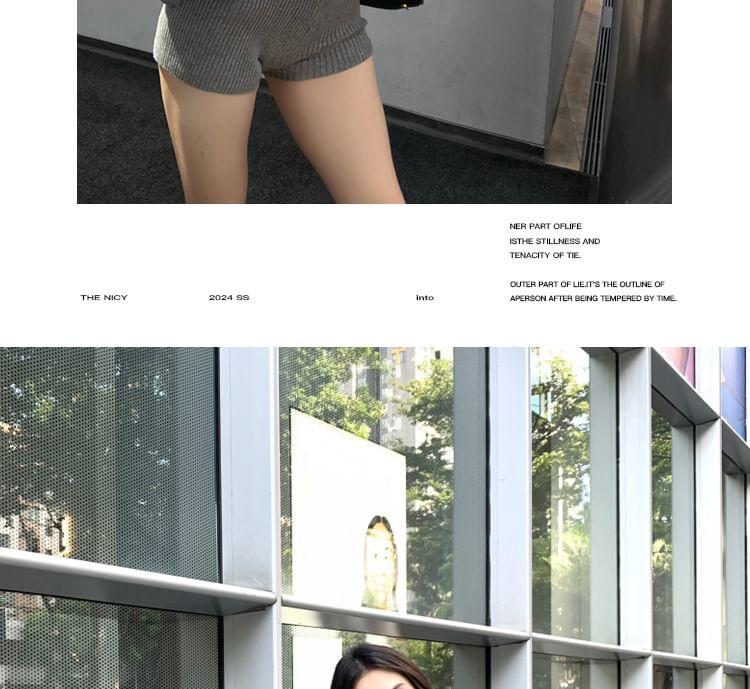Scoop Neck Lace Camisole Top / Crew Neck Plain Cardigan / Mid Rise Plain Shorts Product Image