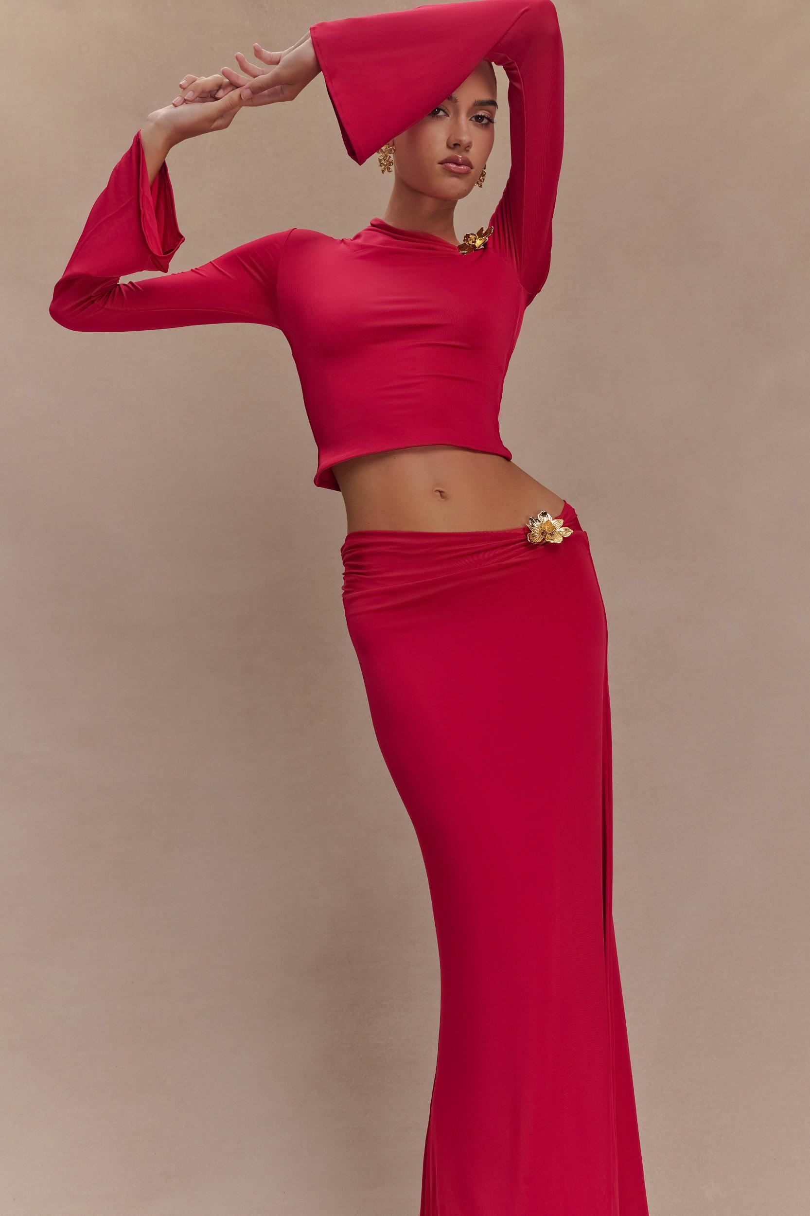Ainsley Asymmetrical Long Sleeve Top With Floral Hardware - Fuchsia Pink Product Image