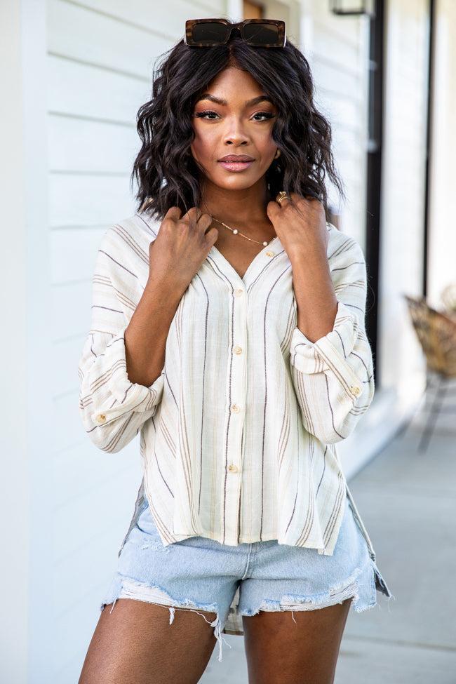 Ready For A Change Sand Striped Button Up Blouse FINAL SALE Product Image