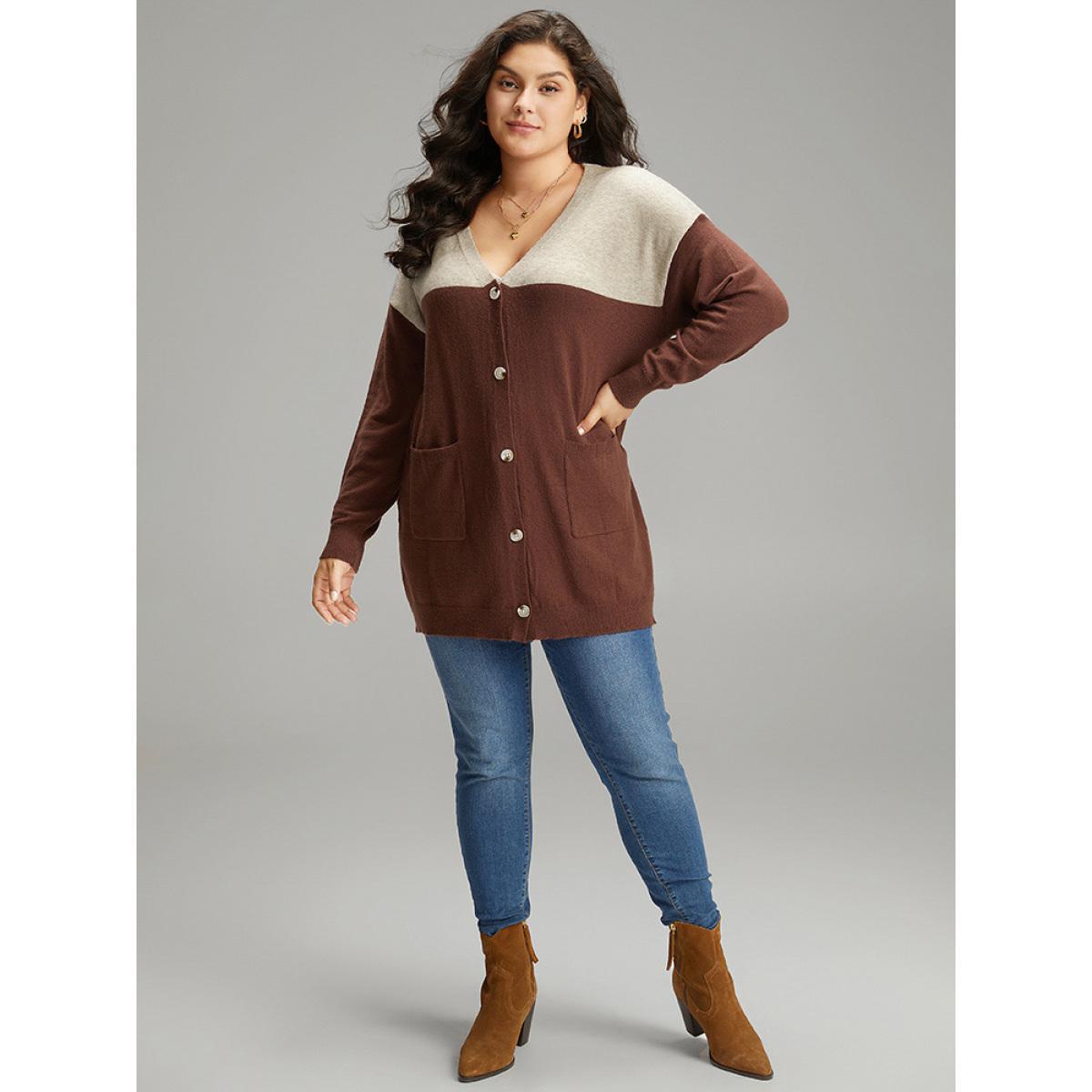 Plus Size Supersoft Essentials Anti-Pilling Contrast Button Up Pullover Brown Women Casual Loose Long Sleeve Dailywear Cardigans BloomChic 12/L Product Image