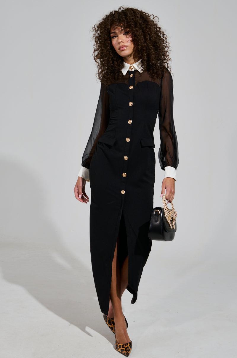 BUTTON UP BUTTER CUP COLLARED MAXI DRESS Product Image