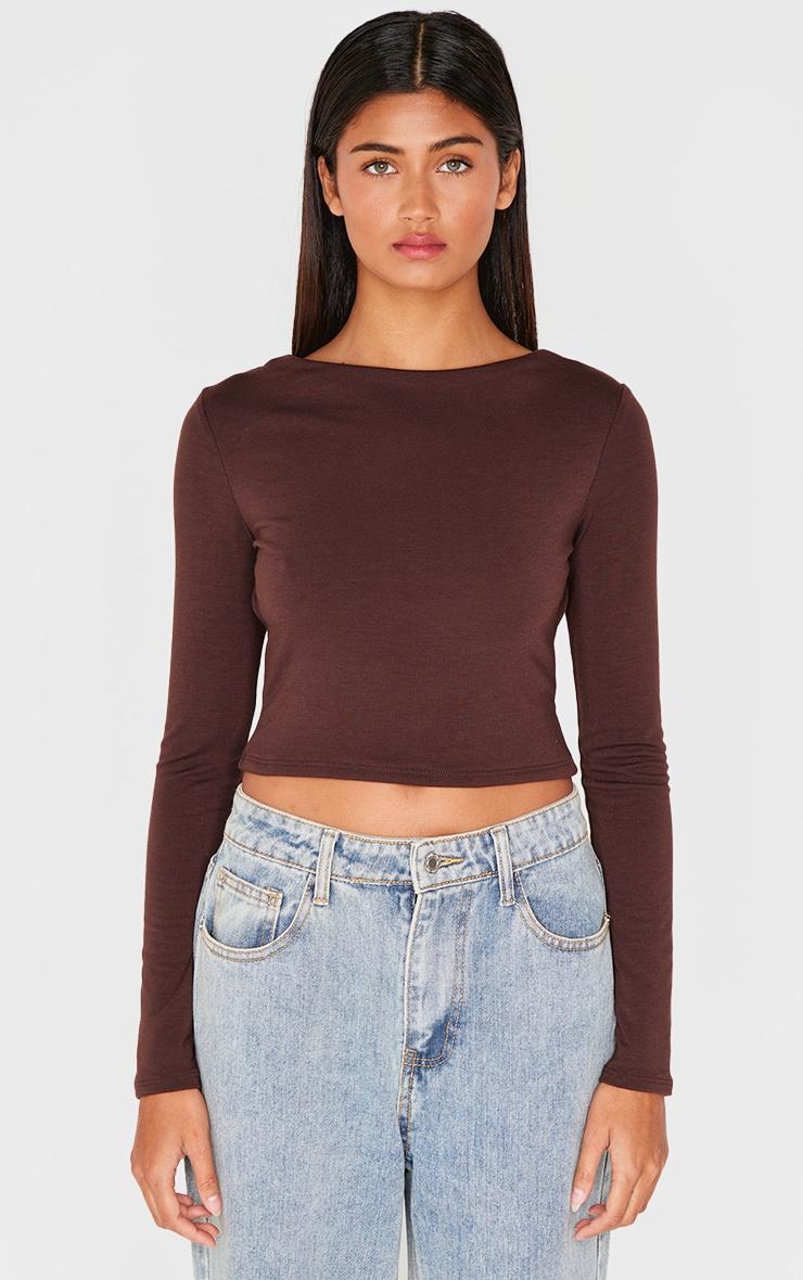 Chocolate Contour Jersey Buckle Detail Backless Long Sleeve Top Product Image
