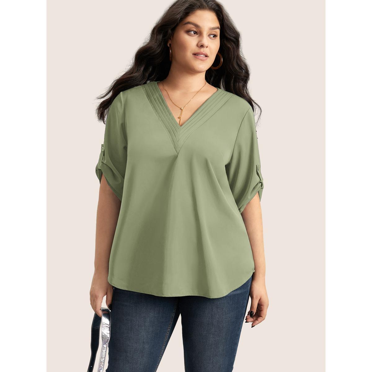 Plus Size Sage V Neck Plain Pleated Tab Sleeve Blouse Women At the Office Elbow-length sleeve V-neck Work Blouses BloomChic 18-20/2X Product Image