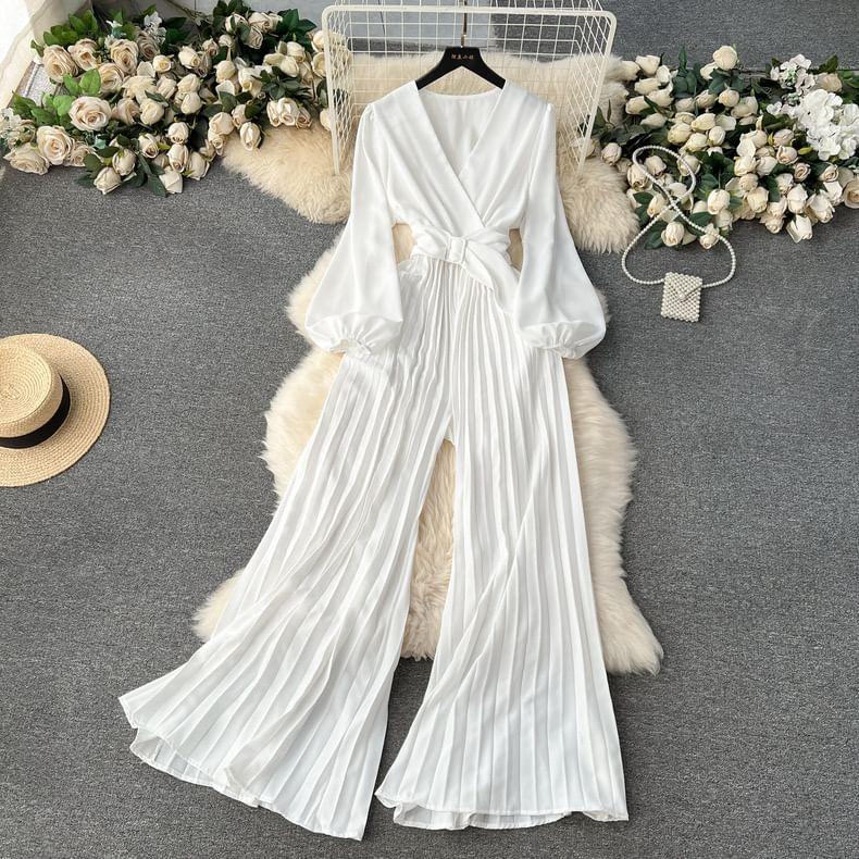 Puff-Sleeve V-Neck Plain Tie Waist Pleated Hem Wide Leg Jumpsuit Product Image