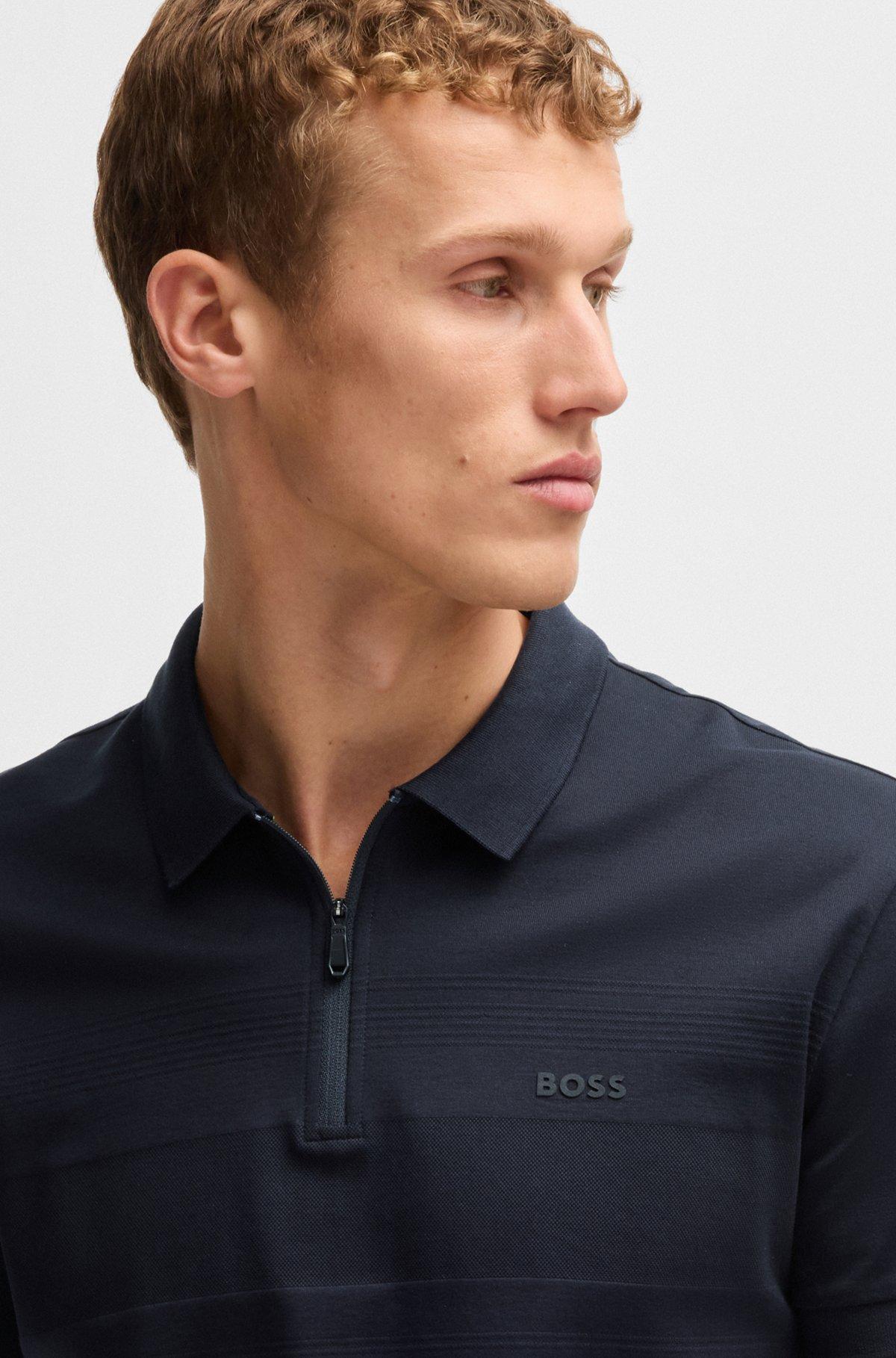 BOSS - Structured-cotton polo shirt with zip neck - Dark Blue Product Image