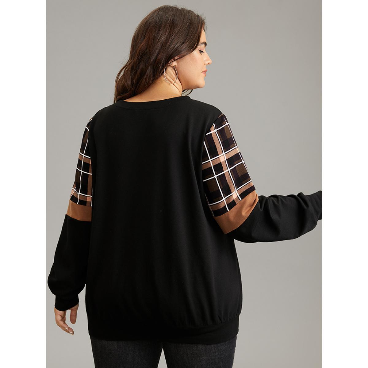 Plus Size Colorblock Plaid Contrast Crew Neck Sweatshirt Women Black Casual Contrast Round Neck Dailywear Sweatshirts BloomChic 22-24/3X Product Image