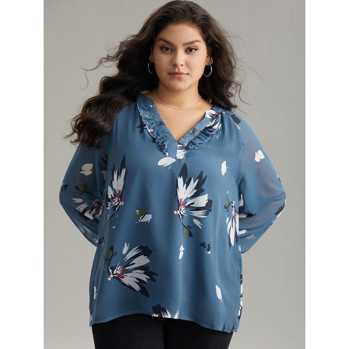 Plus Size Cerulean Floral Print Shirred Ruffles Mesh Blouse Women Elegant Long Sleeve V-neck Dailywear Blouses BloomChic 30/6X Product Image