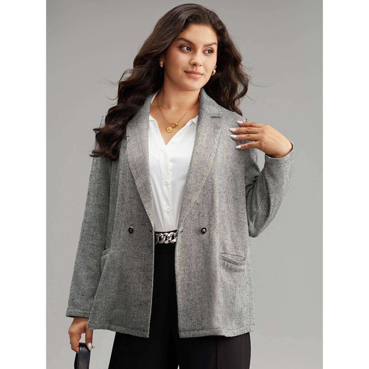 Plus Size Geo Striped Patched Pocket Button Down Blazer Gray Women Work Geometric Texture Sleeve Long Sleeve Suit Collar 14-16/1X Pocket Office Blazers BloomChic Product Image