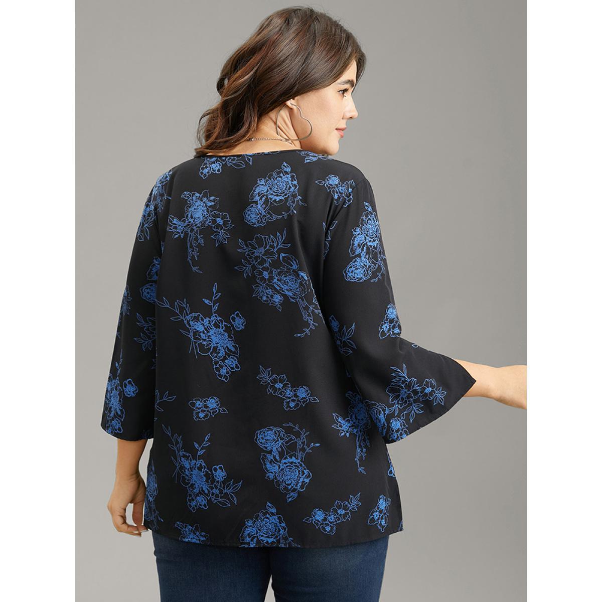 Plus Size Black Silhouette Floral Print Half Zip Split Sleeve Blouse Women Elegant Elbow-length sleeve V-neck Work Blouses BloomChic 22-24/3X Product Image