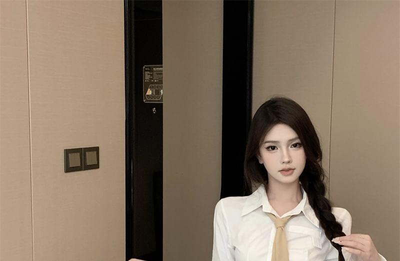 Long-Sleeve Plain Crop Shirt / Tie / Mini Pencil Skirt / Set Product Image