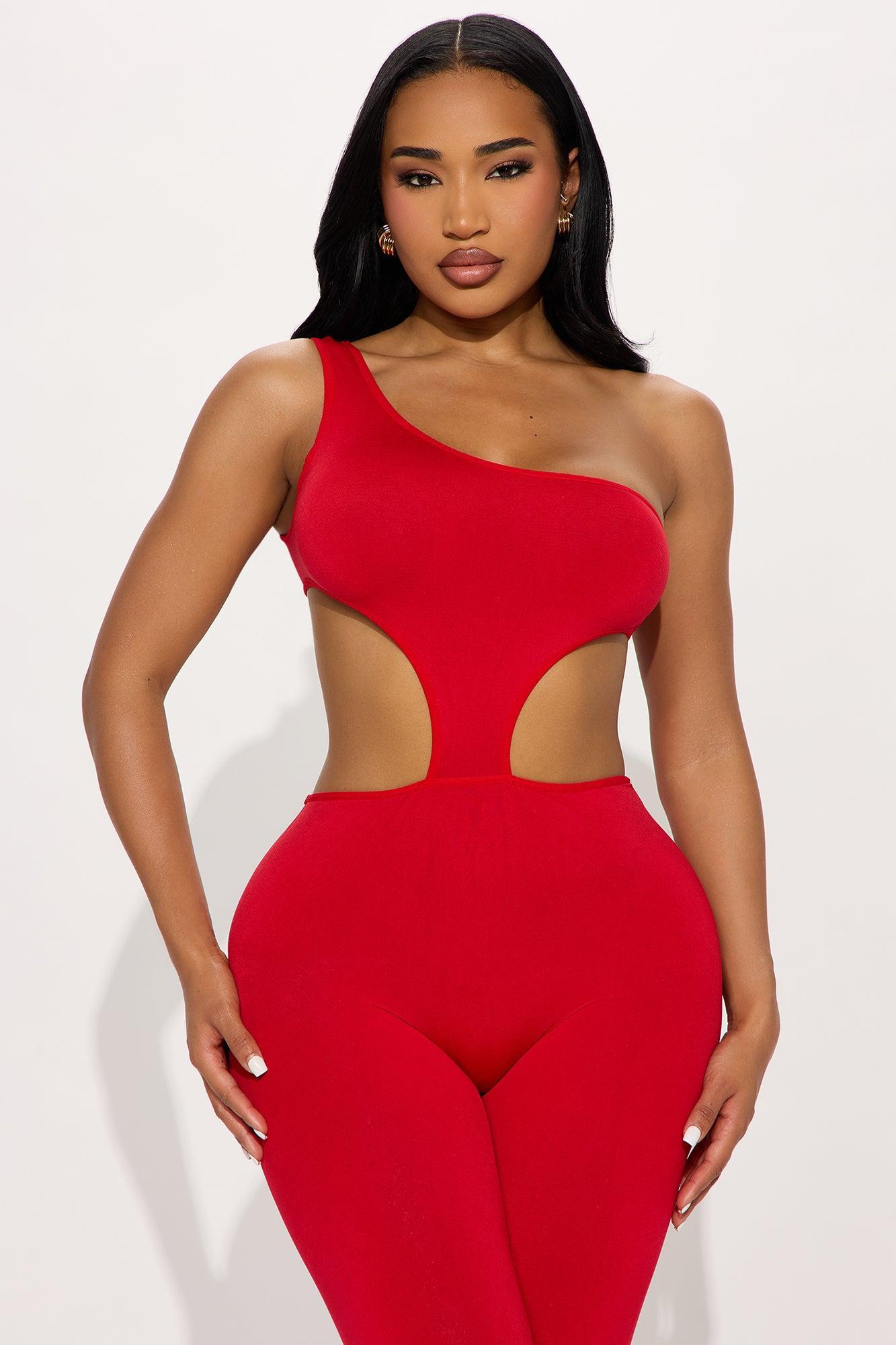 DON'T LOOK BACK ONE SHOULDER CROPPED CATSUIT - Red Product Image