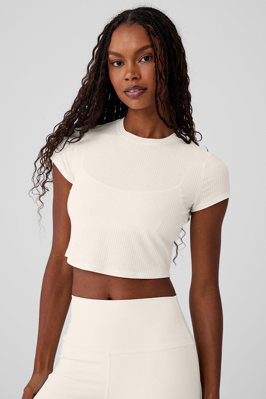 Alo Yoga | Ribbed Sea Coast Cropped Short Sleeve T-Shirt White Product Image