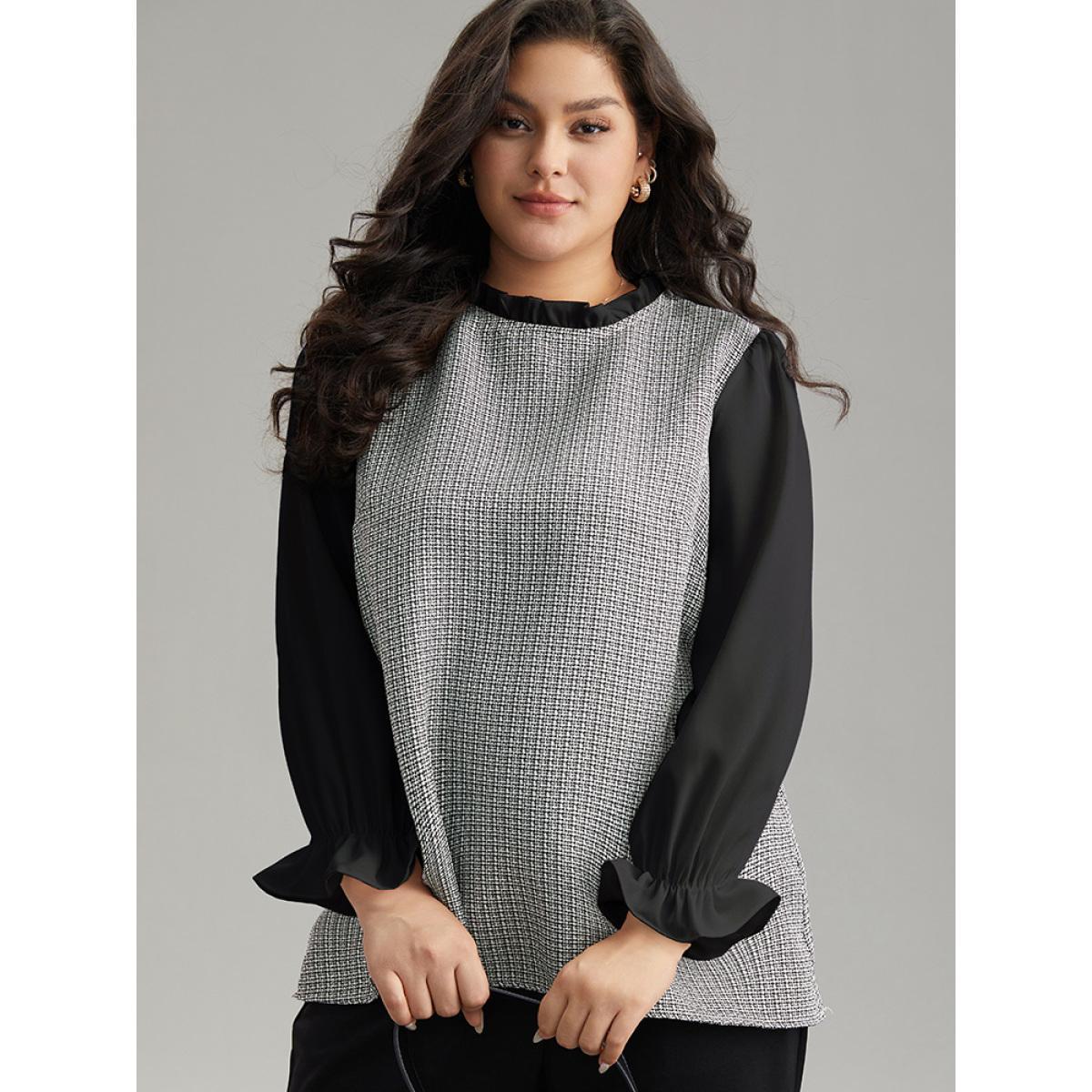 Plus Size Black Gingham Ruffles Patchwork Frill Trim Blouse Women Office Long Sleeve Stand-up collar Work Blouses BloomChic 10/M Product Image