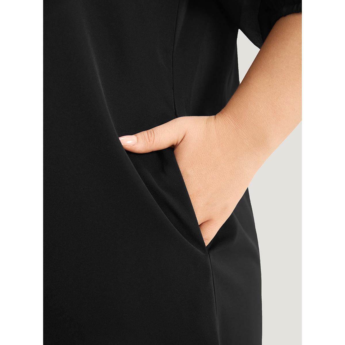Plus Size Solid Pocket Cut Out V Neck Dress Black Women Office Elastic cuffs V-neck Elbow-length sleeve Curvy Knee Dress BloomChic 12/L Product Image