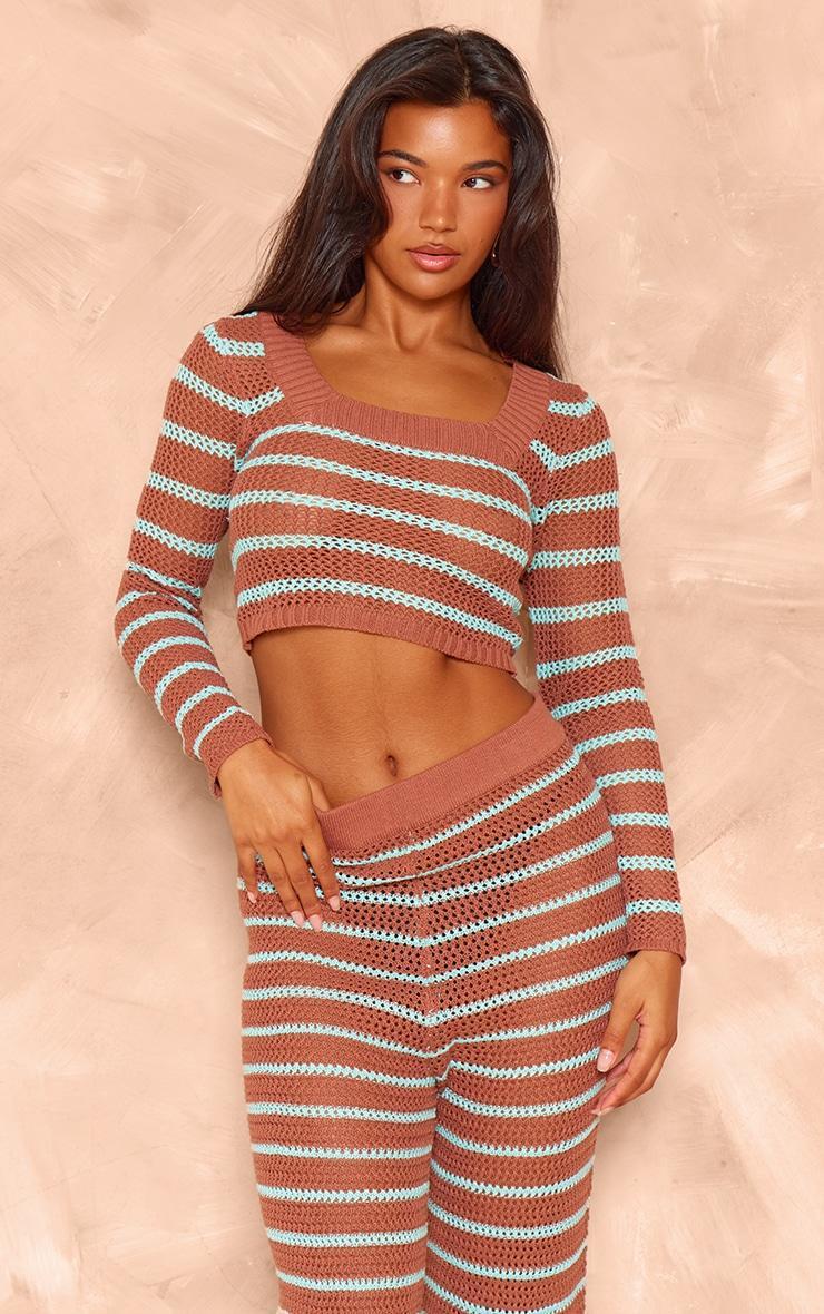 Mocha Stripe Crochet Knit Wide Leg Pants Product Image