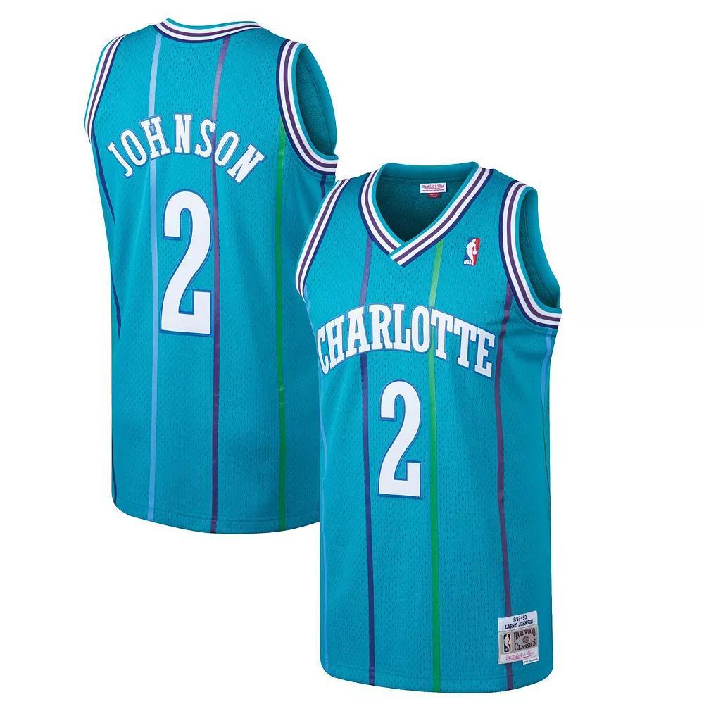 Men's Mitchell & Ness Larry Johnson Teal Charlotte Hornets Hardwood Classics Swingman Jersey, Size: Medium, Chr Blue Product Image