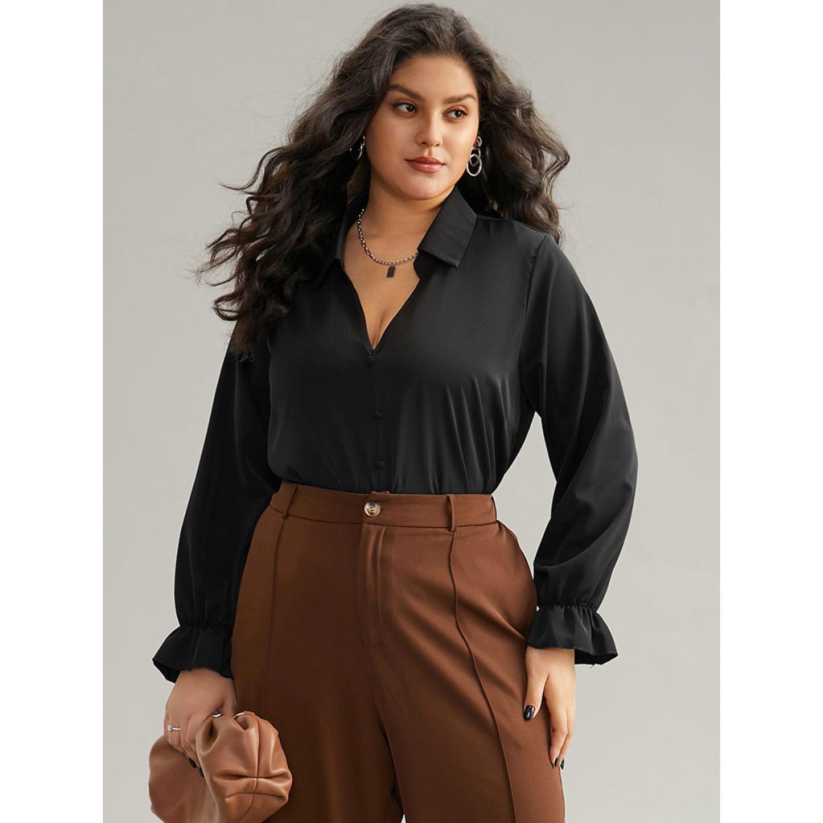 Plus Size Black Static-Free Solid Button Detail Frill Trim Blouse Women Office Long Sleeve Shirt collar Work Blouses BloomChic 22-24/3X Product Image