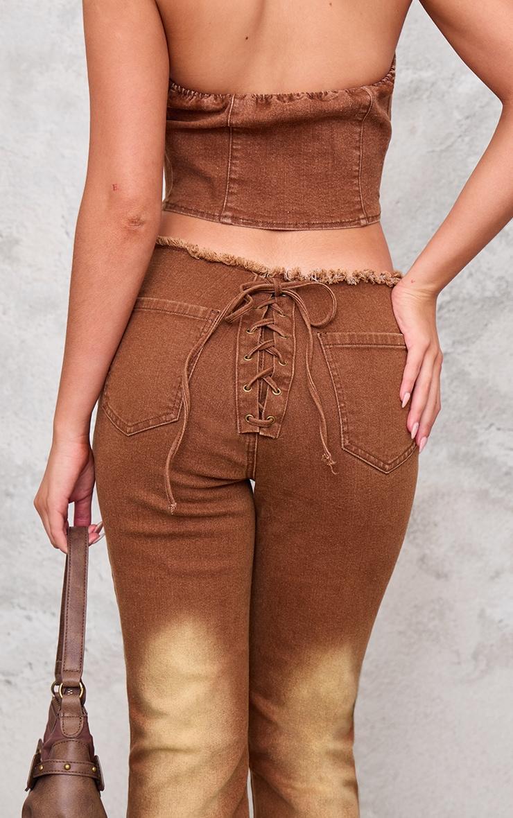 Washed Brown Lace Up Denim Jeans Product Image