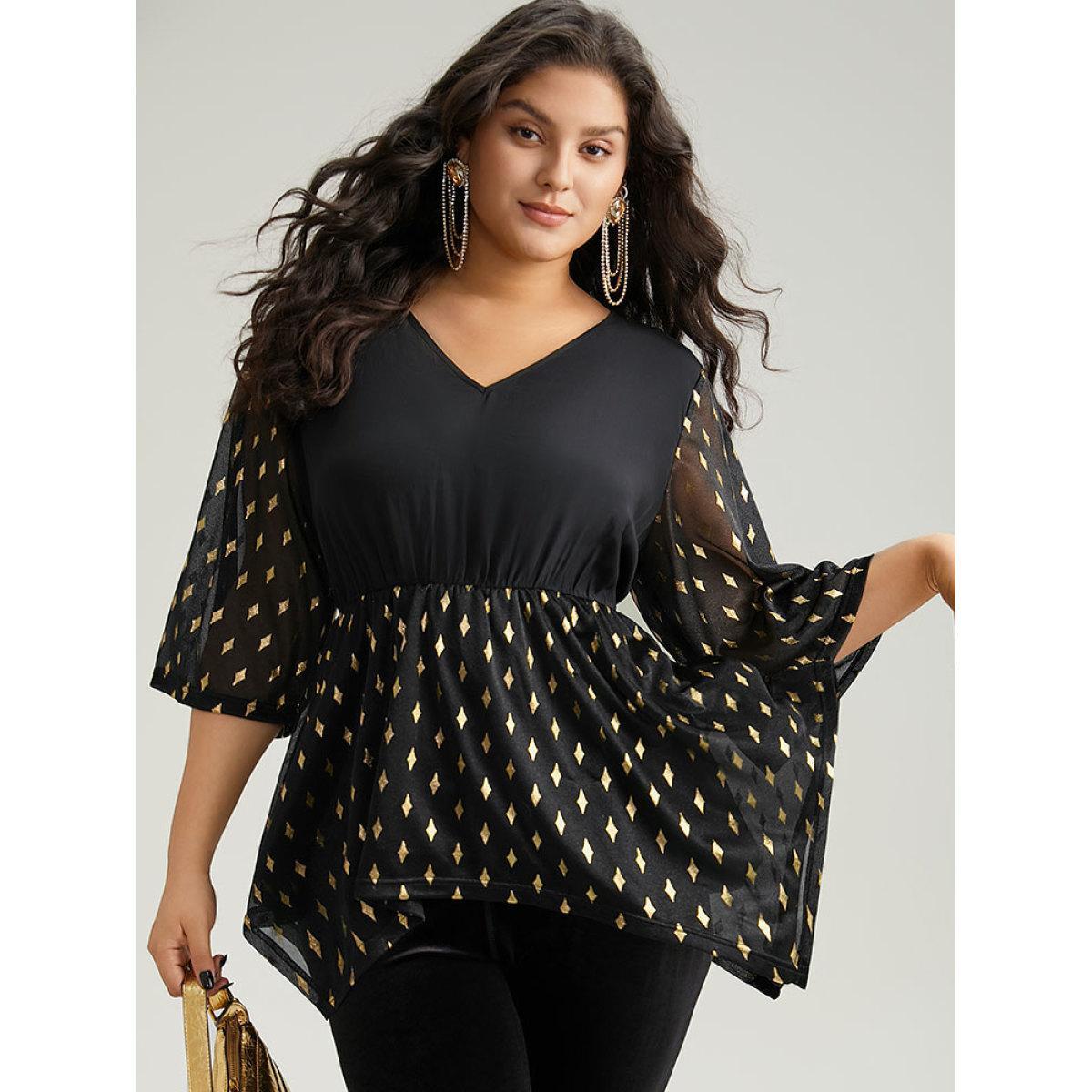Plus Size Black Glitter Patchwork Mesh Hanky Hem Blouse Women Glamour Elbow-length sleeve V-neck Festival-Christmas Blouses BloomChic 28/5X Product Image