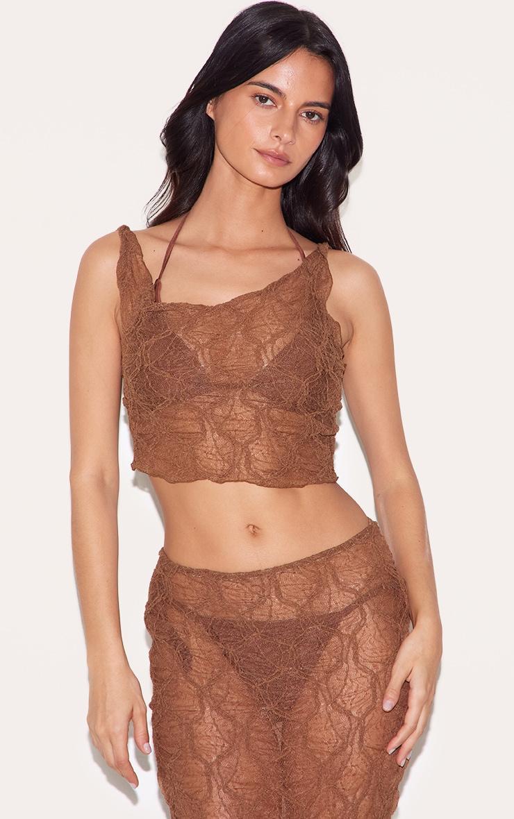 Chocolate Textured Mesh Knot Detail Asymmetric Beach Top Product Image