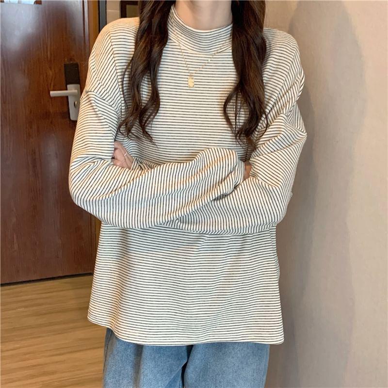 Long-Sleeve Mock Neck Striped T-Shirt Product Image
